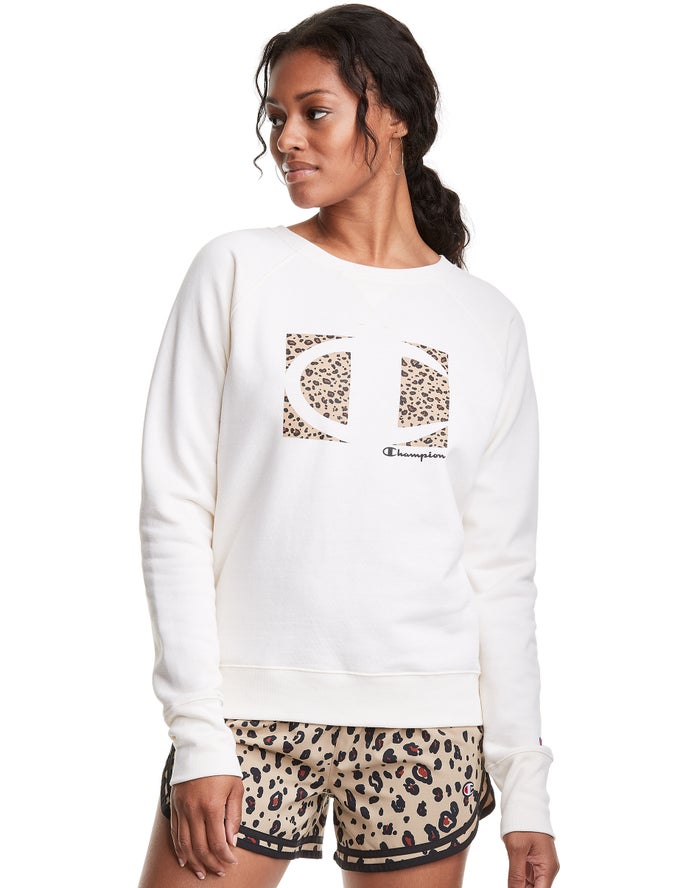 Champion Powerblend Fleece Crew Leopard Colorblock Logo Kadın Sweatshirt Beyaz ( OVWTKX731 )